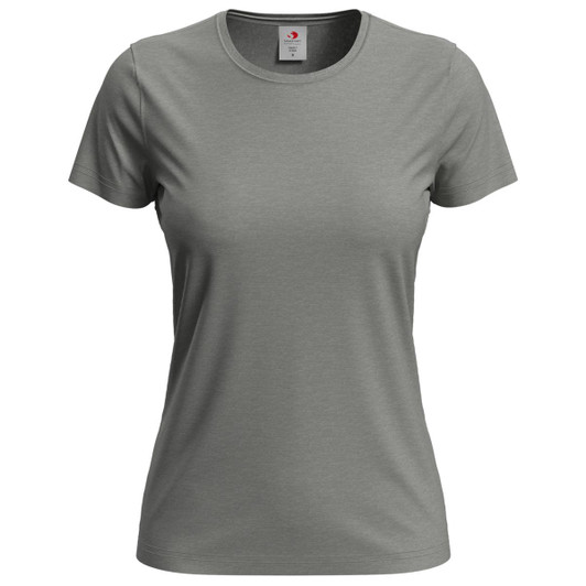 A women's classic T-shirt in a muted green colour, featuring a round neckline and short sleeves. It has a small logo.