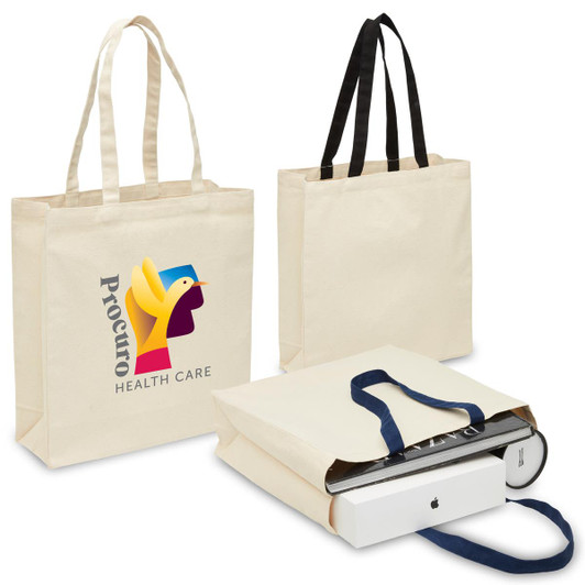 A heavy-duty canvas tote in natural colour with black and blue handles, featuring a logo on one side.