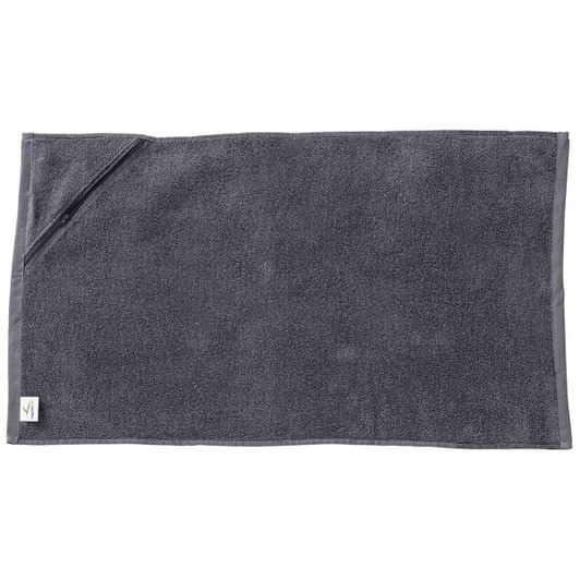 A dark grey gym towel with a pocket, made of soft material, featuring a small logo on one corner.