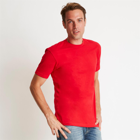 A red men's cotton crew t-shirt worn by a model, featuring a classic crew neckline and short sleeves.
