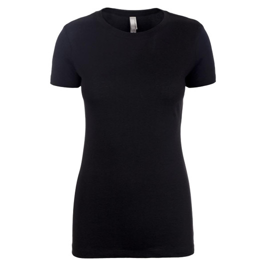 A black women's crew neck t-shirt with short sleeves and a fitted design, featuring a logo.