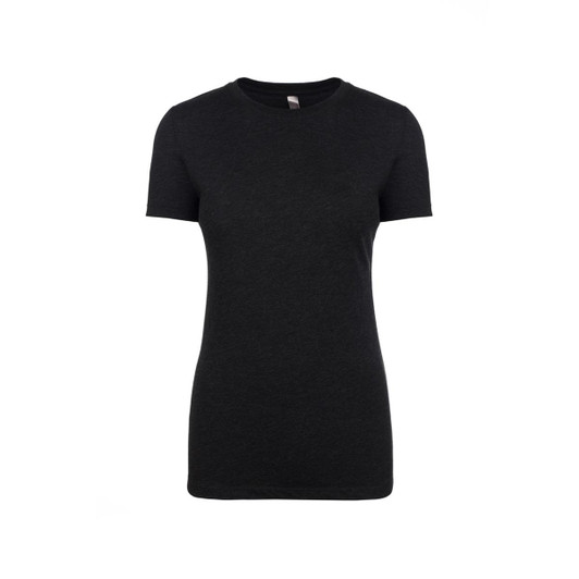 A women's tri-blend crew t-shirt in black, featuring short sleeves and a fitted style. It has a logo on the label.