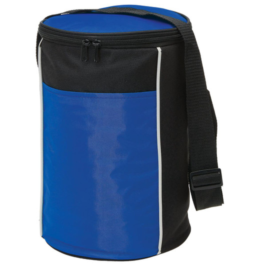 A drink bottle cooler in blue and black, featuring a zipper closure and an adjustable strap for easy carrying.