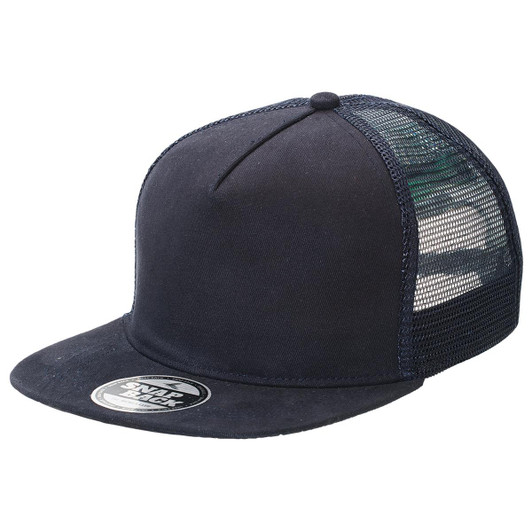 A black Chino Flat Peak Trucker cap featuring a mesh back and an embroidered logo on the front.