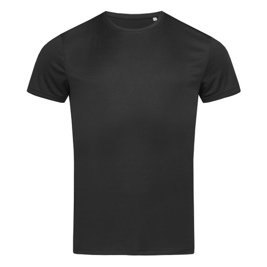 A black men's active sports T-shirt with a crew neck and short sleeves. Features a logo on the front.