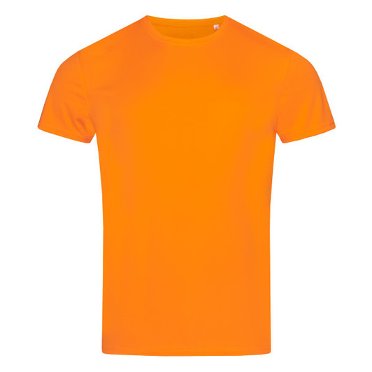 A bright orange T-shirt with a crew neckline, featuring a logo on the front. Suitable for active wear.