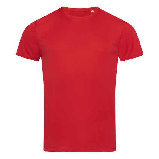 A red men's active sports T-shirt with a crew neck and short sleeves. It includes a logo.
