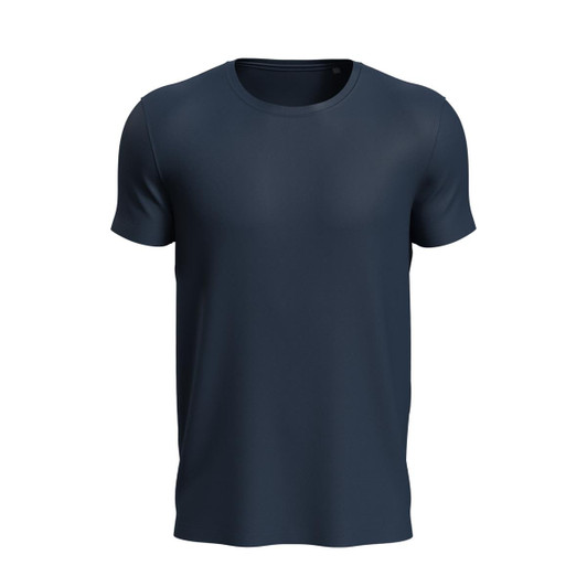 A navy blue men's active sports T-shirt with a round neck and short sleeves, featuring a logo.