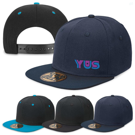 A navy blue snapback cap with a flat brim, featuring a logo, and accented with bright blue details.