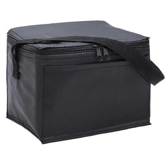A black cooler bag with a zip closure and a sturdy handle for easy carrying. It features a simple design.