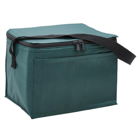 A cooler bag in dark green with a zip closure and a carrying strap. It features a plain design and a front pocket.