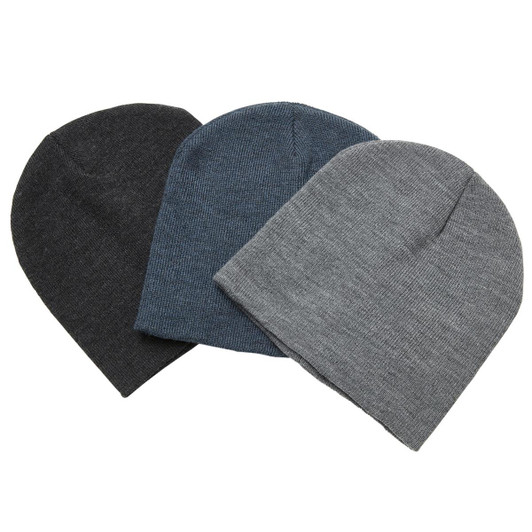 Three beanies in varying shades of grey: dark grey, slate blue, and light grey, all displayed together.