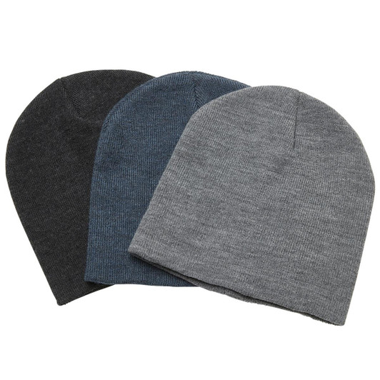 A collection of three beanies in dark grey, denim blue, and light grey, featuring a simple design with a logo.