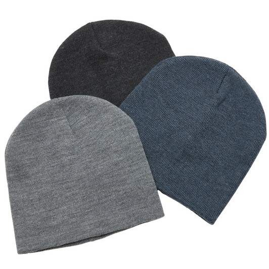 A collection of three beanies in dark grey, light grey, and navy blue, featuring a simple design and logo.