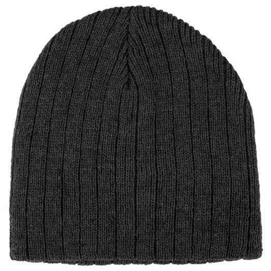 A grey cable knit beanie featuring a ribbed texture and a logo on the side.