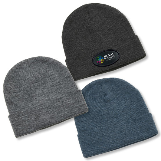 Three beanies in dark grey, light grey, and blue, featuring one with a logo.