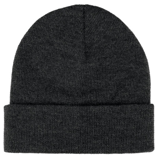 A dark grey knitted beanie featuring a rolled cuff and a small logo.