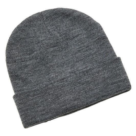 A grey beanie featuring a folded cuff, made from a soft knitted material. It has a logo on the side.