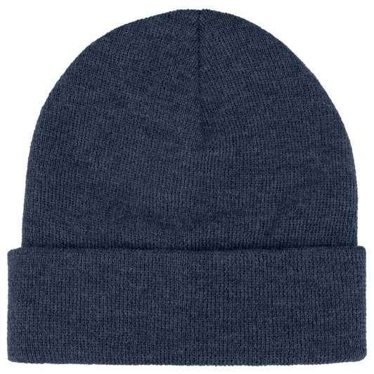 A navy blue beanie with a rolled cuff, featuring a textured knit pattern and a logo.