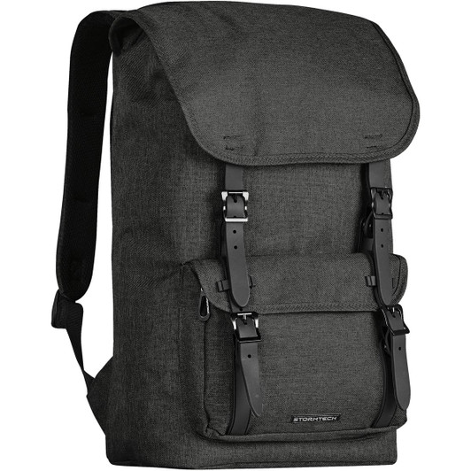 A green backpack with adjustable straps and buckles, featuring a logo and a top flap design.