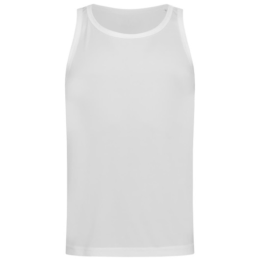 A white men's active sports top with a sleeveless design, featuring a logo.