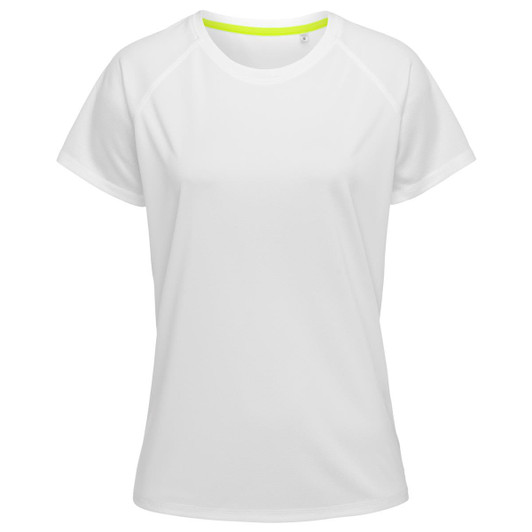 A white women's active t-shirt with short raglan sleeves and a neon green neckline, featuring a logo.