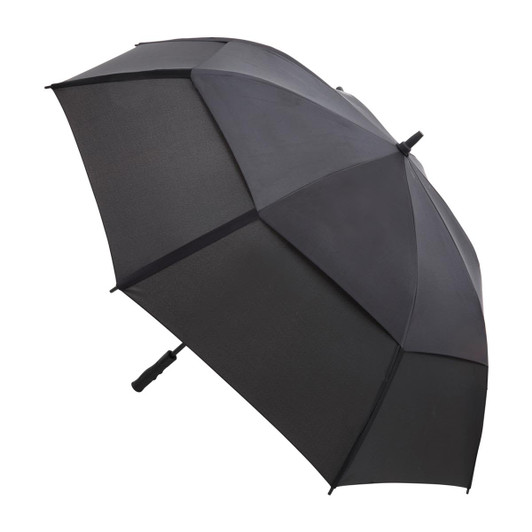 A black umbrella featuring a sleek design and an ergonomic handle. It includes a logo on the canopy.