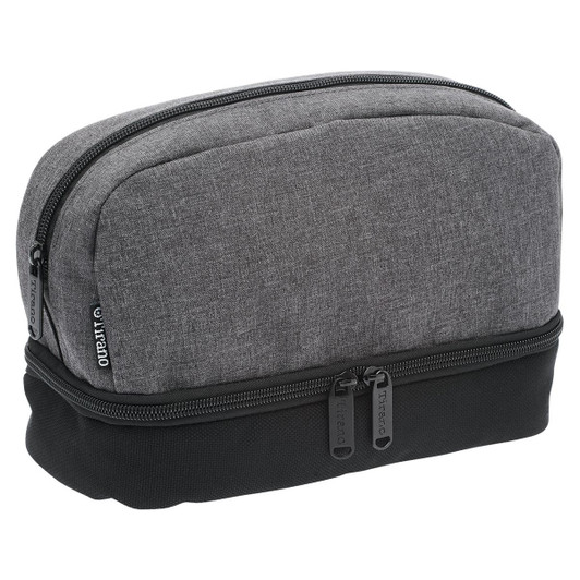 A grey and black toiletry bag with a rounded top and dual zip closures, featuring a logo.