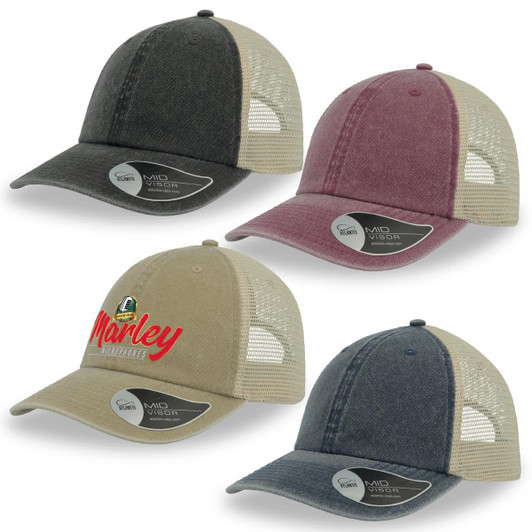 Four trucker caps in various colours: grey, burgundy, beige, and blue, each with a logo.