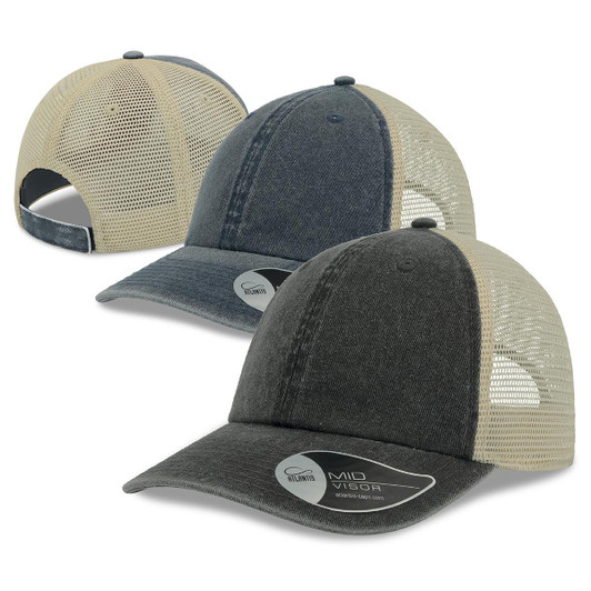 A range of trucker caps featuring a dark grey front and beige mesh sides, with one cap showing the back view.