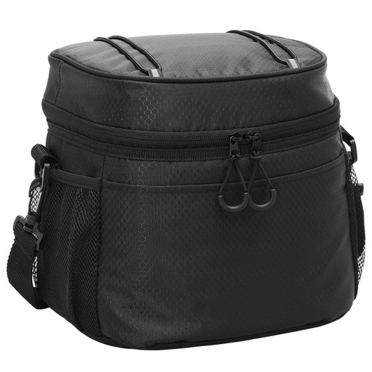A black cooler bag with a zippered top, mesh side pockets, and an adjustable strap. It features a branding logo.