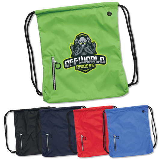 A green drawstring bag with a logo, accompanied by black, red, and blue variants, featuring a zippered pocket.