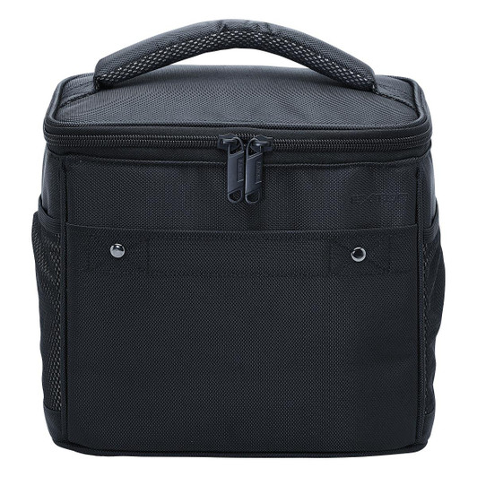 A black cooler bag featuring a zippered top, carry handle, and mesh side pockets, with a logo on the front.
