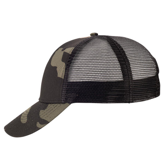 A black camo trucker cap featuring a mesh back and a curved brim. It has a structured design and a logo on the front.
