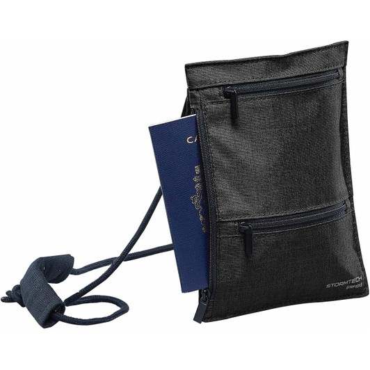 A black RFID passport sling bag with multiple zippered pockets, holding a passport and featuring a logo.