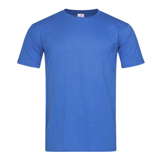 A blue fitted t-shirt with short sleeves and a round neckline. It features a logo on the label.