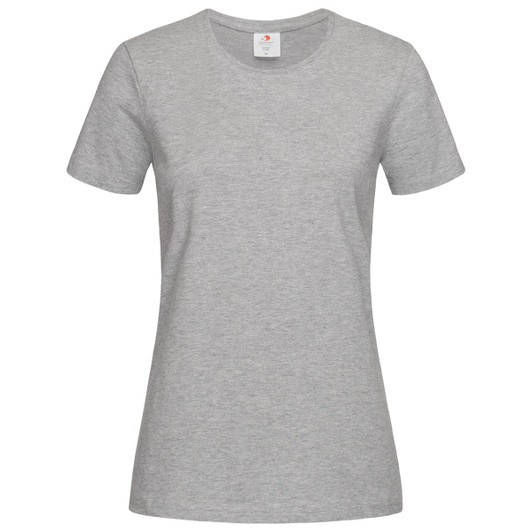 A grey women's heavyweight comfort T-shirt with a crew neck and short sleeves, featuring a branding label.