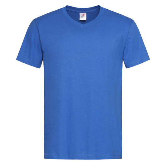 A blue men's classic V-neck T-shirt, featuring a simple design and a logo on the label.