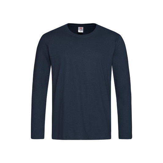 A navy long sleeve T-shirt with a round neck and a logo on the label.