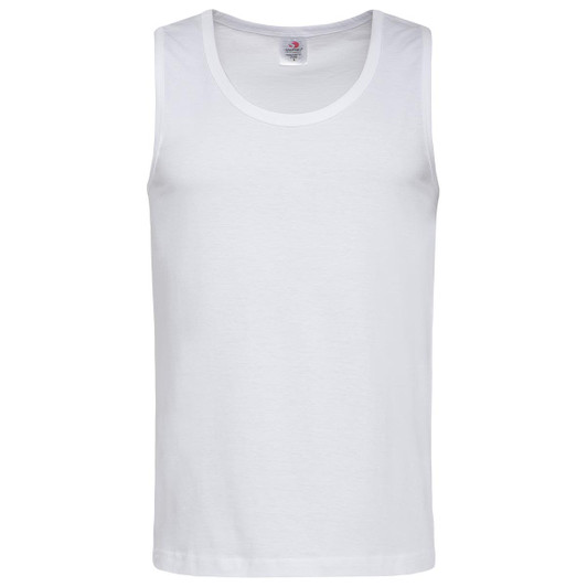 A white classic men's tank top featuring a simple design and a logo at the neckline.