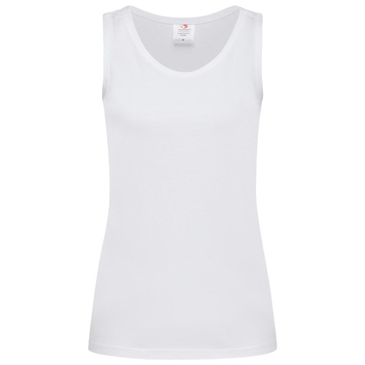 A white women's classic tank top with a scoop neckline and narrow shoulder straps, featuring a logo.
