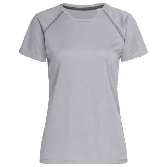 A light grey women's active t-shirt with raglan sleeves and seam detailing, featuring a logo.