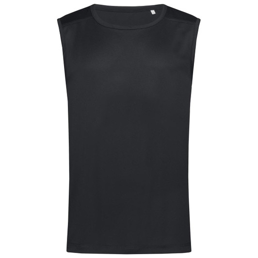 A black sleeveless active shirt with a smooth texture and no visible logos.