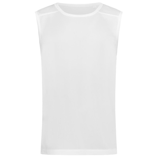 A white sleeveless active shirt with a mesh design, featuring a logo on the side.