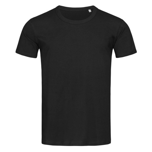 A black crew neck t-shirt featuring short sleeves and a branding logo.