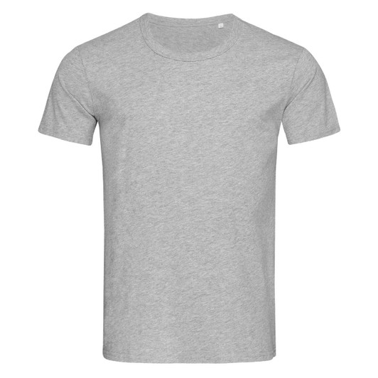 A grey crew neck t-shirt with short sleeves, featuring a small logo on the side.
