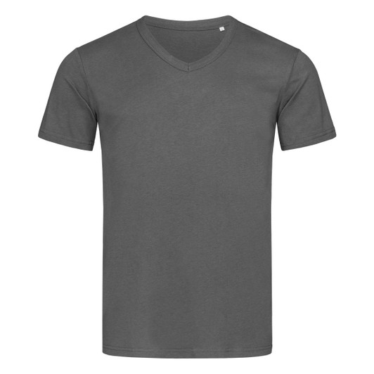 A grey men's V-neck T-shirt with short sleeves and a subtle logo on the side.