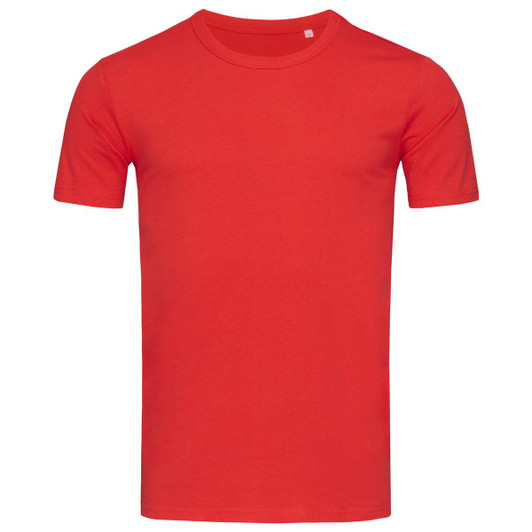 A red crew neck t-shirt featuring short sleeves and a simple design, with a logo present.
