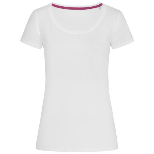 A white women's crew neck t-shirt with a pink detail at the neckline. It features a small logo.