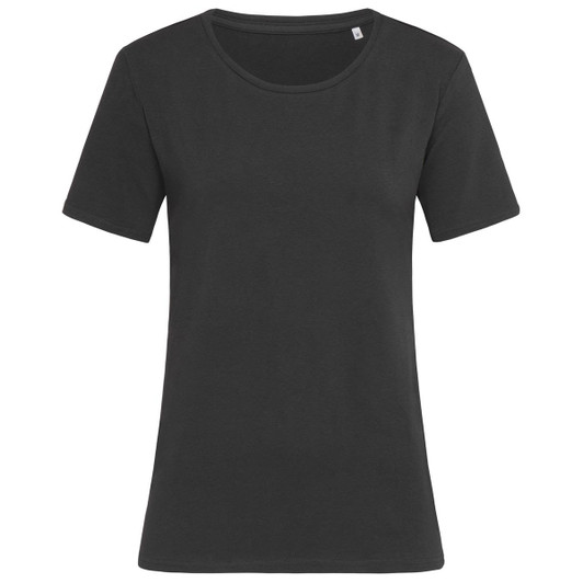 A black women's crew neck t-shirt with short sleeves and a relaxed fit, featuring a subtle branding tag.